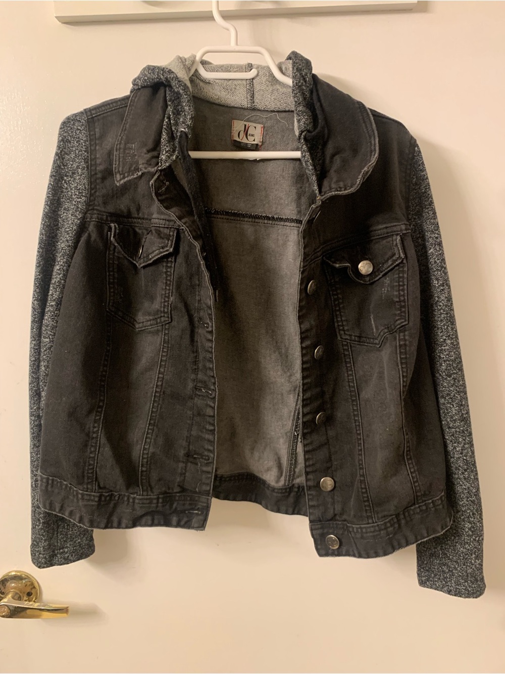 d. jeans Black Denim Jacket with Gray Knit Hood & Sleeves